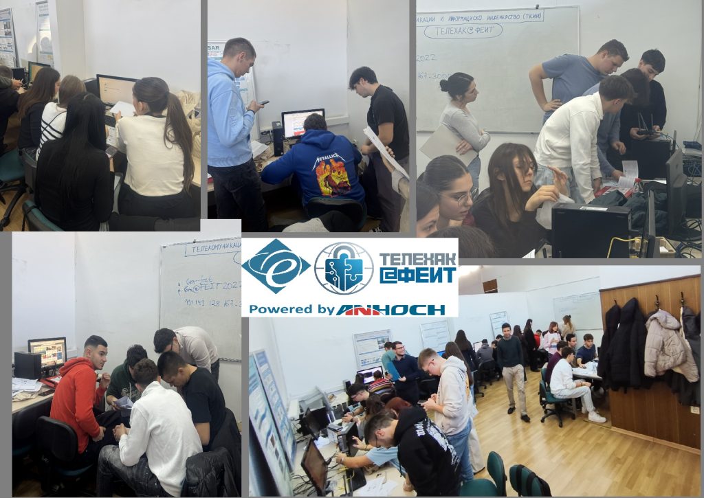 Слики од натпреварот на тимовите на Телехак@ФЕИТ во лабораторијата за телекомуникации на ФЕИТ